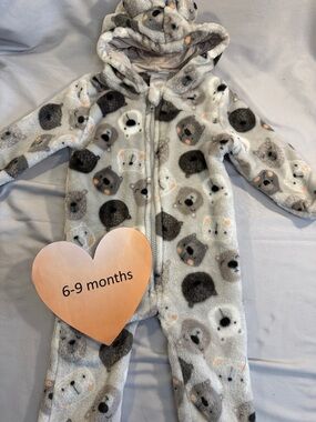 Baby Mack - LIKE NEW - Cozy Gray Plush Animal Print Kids Footie/Romper
